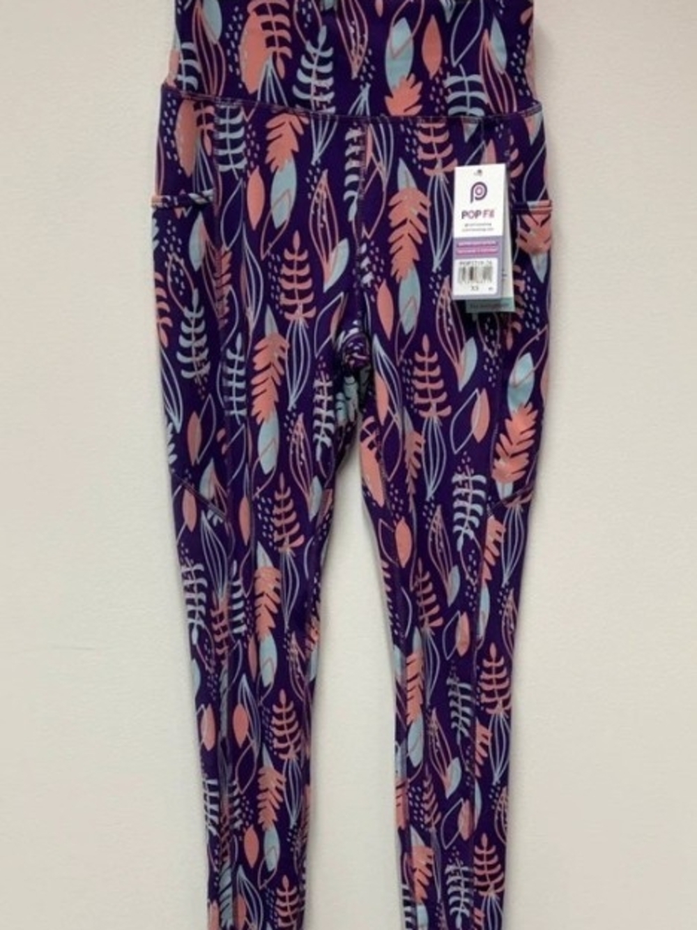 POP Fit Purple Leggings with Pink & Light Blue Leaf Print